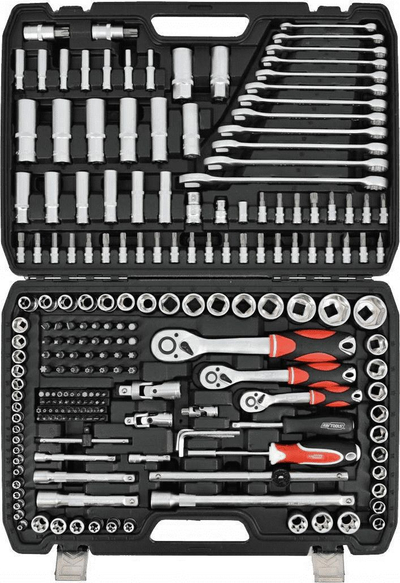 Set veglash AWTools AW39216, 216 pjesë, me kuti për ta çuar me vete, gri