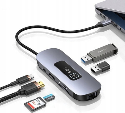 Adapter USB C Usams 8 në 1, me HDMI, rrjet RJ45, PD 100W, gri