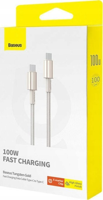 Kabllo karikimi Baseus Tungsten Gold, Type C në Type C, 100W, 1m, e bardhë