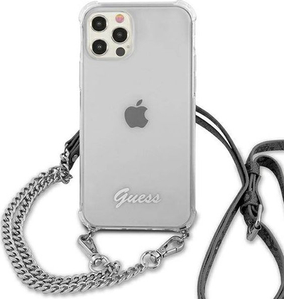 Kapuç telefoni Guess GUHCP12MKC4GSSI për iPhone 12 / 12 Pro 6.1", kapak i fortë transparent, me rrip zinxhir argjendi