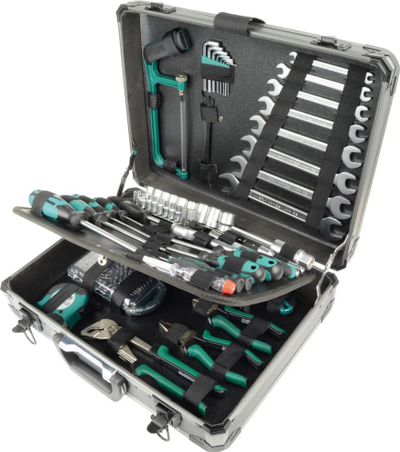 Set veglash Brüder Mannesmann M29079, 133 copë, kuti alumini, ngjyrë argjendtë