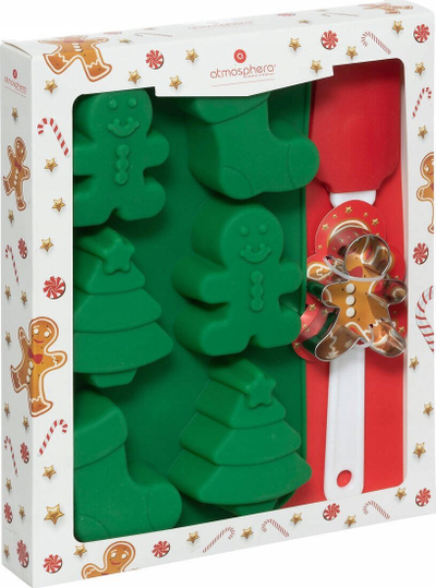 Set aksesorësh pastiçerie Christmas, kallëp silikoni 25.3x16.8x3 cm, me shpatull, shumëngjyrësh