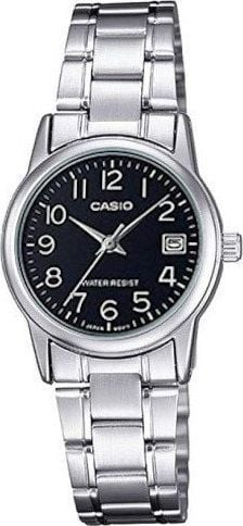 Orë dore Casio LTP-V002D-1BUDF për femra, çelik inox, e argjendtë me ekran të zi