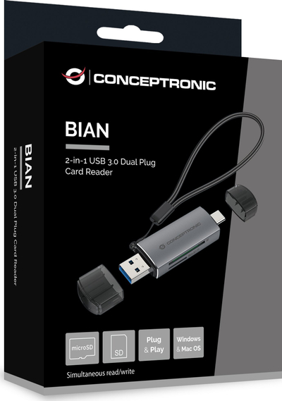 Lexues kartash Conceptronic Card Reader, USB 3.0, USB-C, gri