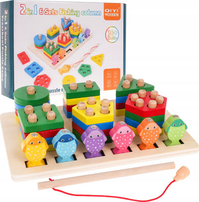 Lodër edukative druri QIYI 2 në 1, puzzle me forma, lojë peshkimi magnetik, shumëngjyrëshe