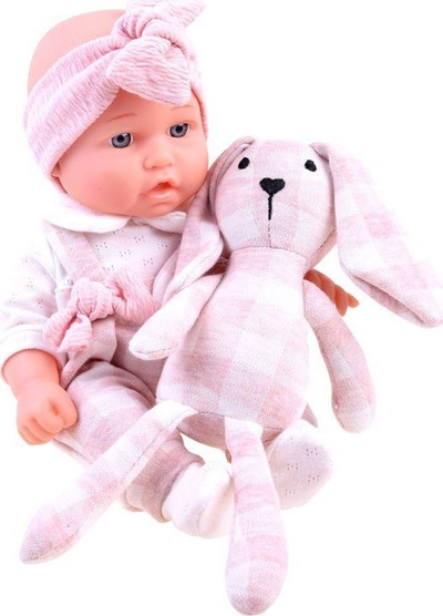 Set lodër kukull bebe me lepurush pelushi Za3828, 30cm, me biberonë, rozë