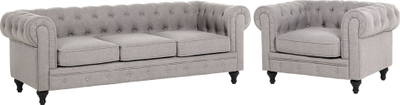 Set dhome dite Beliani Chesterfield, 3+1 ulëse, material stof, gri e hapur