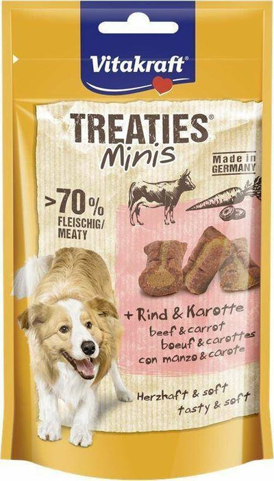 Shpërblim për qen Vitakraft Treaties Minis me mish viçi dhe karota, 48g