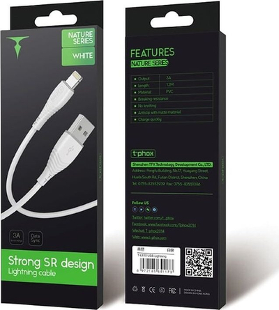 Kabllo USB T-Phox USB A në Lightning, 1.2 m, 2.4A, e zezë
