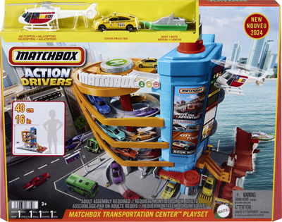 Set lojërash Mattel Matchbox Action Drivers Transport Center, 3 automjete, me parking shumëkatësh, shumëngjyrësh