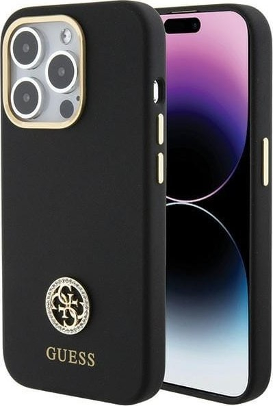 Футрола Guess iPhone 15 Pro liquid silicone, метално лого, црна