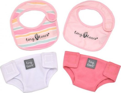 Set aksesorësh për kukulla Tiny Tears, përparëse &amp; pelena, deri 46 cm, 4 copë, rozë me të bardhë