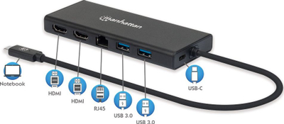 Hub USB-C Manhattan, 6 porta, 2 HDMI, Ethernet, ngjyrë gri