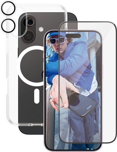 Set mbrojtës CARE by PanzerGlass Flagship 3‑në‑1 për Apple iPhone 16 Plus, 6.7", kllëf MagSafe që s’e ha sharra, transparent