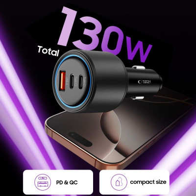 Полнач за автомобил Tech-Protect CC04, 3 порти, 130W, црн