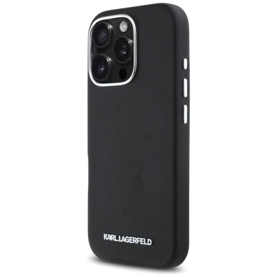 Kapak telefoni Karl Lagerfeld MagSafe për iPhone 16 Pro, lëkurë Saffiano, i zi