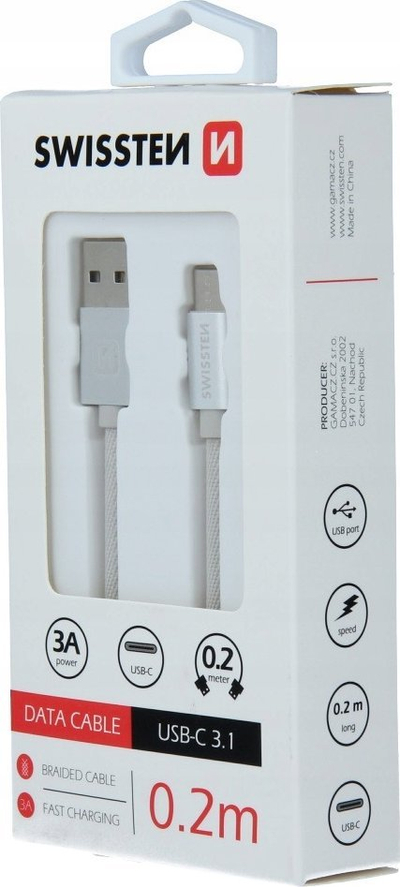 Kabllo për të dhëna Swissten Textile USB-C, 0.2m, USB 2.0, argjendtë