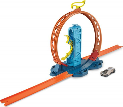 Set pistë garash Hot Wheels Track Builder Unlimited Loop Kicker, me loop, me makinë, portokalli e blu