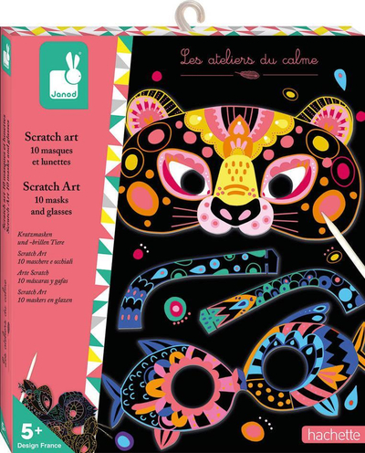 Set krijues me maska Janod Scratch Art Animal Masks and Goggles, 10 maska dhe syze, për kalamaj 5+