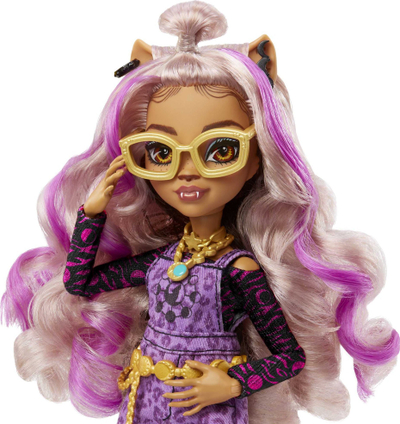 Kukull Monster High Clawdeen Wolf, me gëzof mode, me qenush, vjollcë