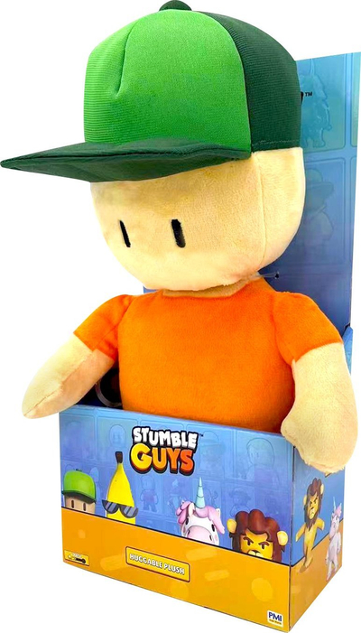 Lodër pelushi Stumble Guys Huggable Plush, 12\", personazh me kapelë, portokalli jeshile