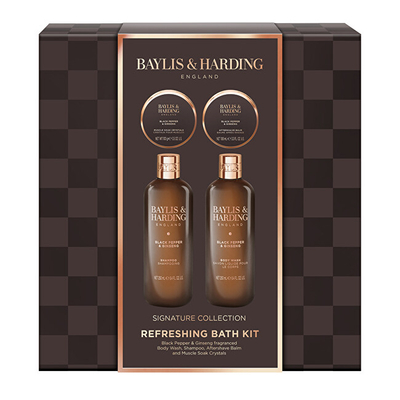 Set për meshkuj Baylis & Harding Black Pepper & Ginseng, xhel dushi 250 ml + shampo për flokë 250 ml + balsam pas rroje 100 ml + kristale për banjë 100 g