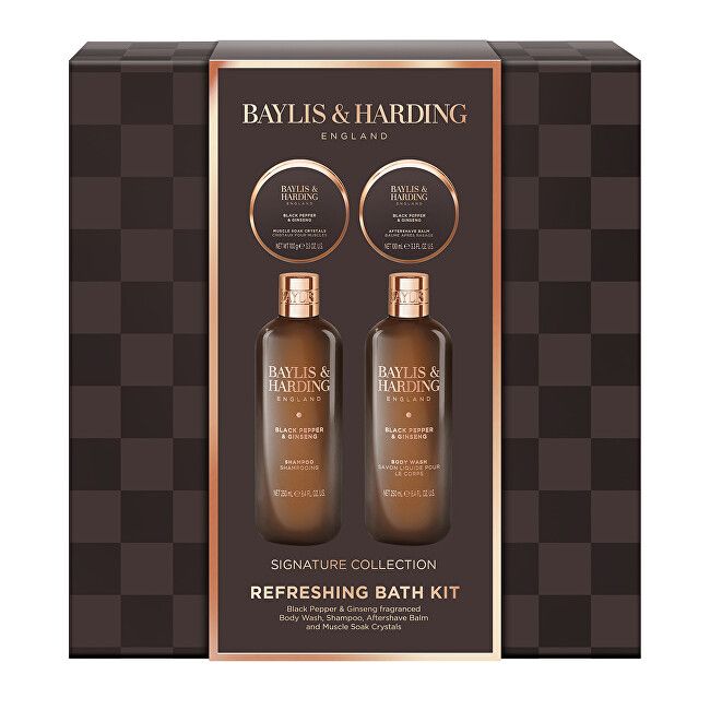 Set për meshkuj Baylis & Harding Black Pepper & Ginseng, xhel dushi 250 ml + shampo për flokë 250 ml + balsam pas rroje 100 ml + kristale për banjë 100 g