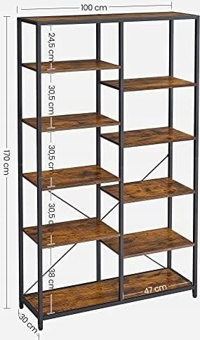 Raft dykatësh OSKAR Rustic Loft, 9 rafte, 100x30x170 cm, lis rustic me kornizë të zezë