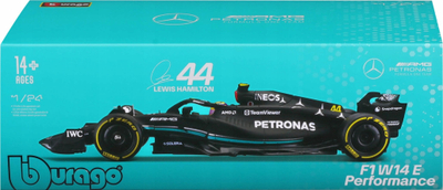 Maket makine Bburago F1 Mercedes W14 Hamilton, shkalla 1:24, me helmetë, shumëngjyrëshe