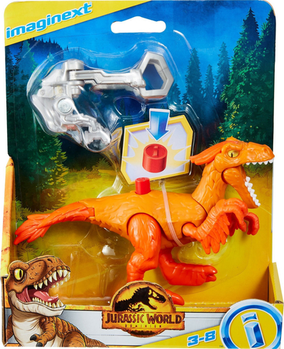 Lodër figurë Imaginext Jurassic World Atrociraptor Tiger, që lëviz me nyje, me harness, portokalli