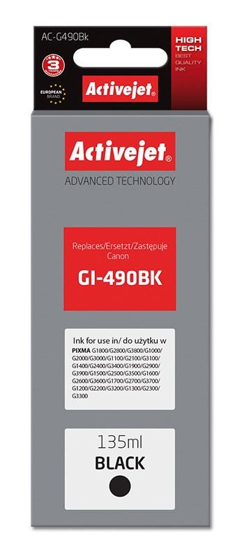 Ngjyrë për printer Activejet AC-G490Bk (zëvendësim për Canon GI-490BK), 135 ml, e zezë