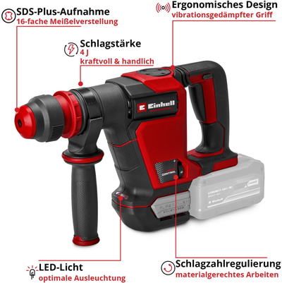 Çekiç demolues Einhell Professional TP-DH 18/4 Li BL, SDS Plus, pa kabllo 18V, pa bateri, me kuti, i kuq