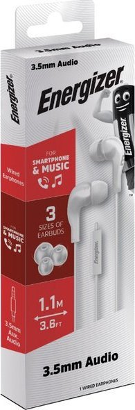 Kufje in-ear Energizer metal, me kabllo 1.1m, port 3.5mm, të bardha