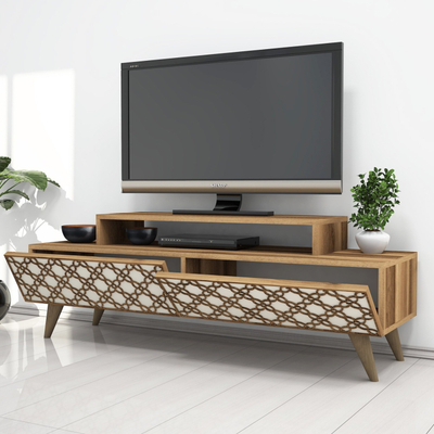 Konsolë TV Hommy Craft City, 140x48.8x41.8cm, dekor CNC, ngjyrë walnut krem