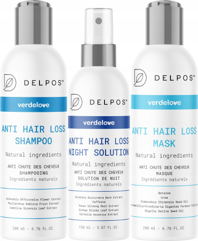 Set kundra rënies së flokëve Delpos Anti Hair Loss, shampo, maskë edhe solucion nate, për kokë të ndjeshme, i bardhë