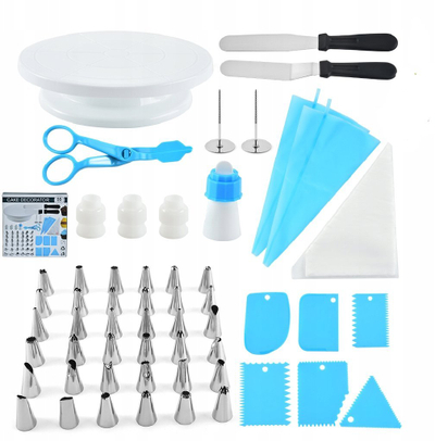 Set dekorimi tortash ICZY 7825, 55 pjesë, bazë rrotulluese, blu e bardhë