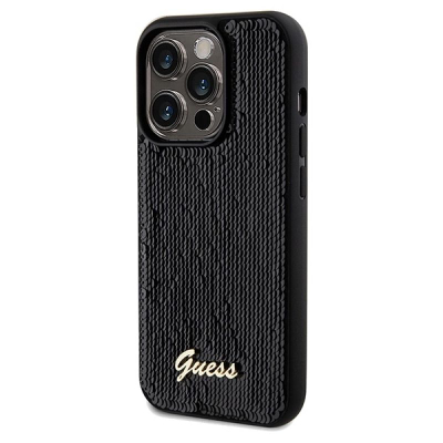 Kukë telefoni Guess Sequin Script Metal për iPhone 14 Pro 6.1", hardcase, e zezë