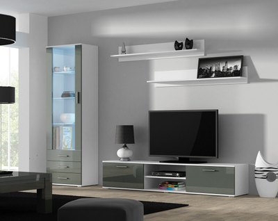 Komodë TV Chest Bed Meble Soho 180, MDF dhe panel i laminuar, e bardhë gri me shkëlqim
