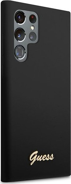 Kapak telefoni Guess Liquid Silicone, për Samsung Galaxy S23 Ultra, me logo metalike, i zi