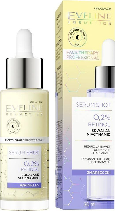 Serum nate për fytyrë Eveline Shot Serum 0.2% Retinol, kundër rrudhave, 30 ml
