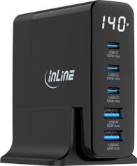 Karikues tavoline Manhattan InLine GaN, 5 porta USB-C USB-A, 140W, me ekran, i zi