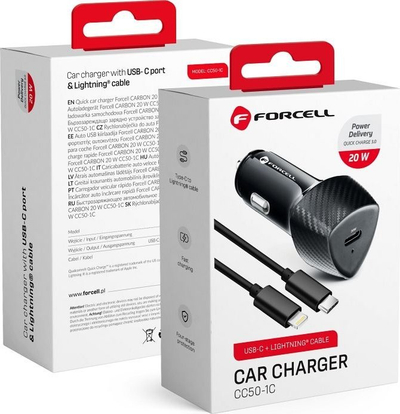 Полнач за автомобил Forcell Carbon, USB C PD 20W, со кабел Lightning, црн