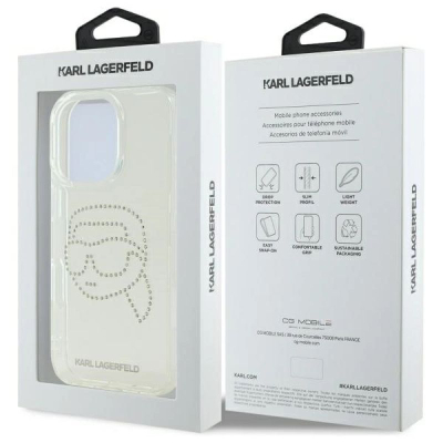 Futrollë telefoni Karl Lagerfeld IML Rhinestones Karl Head për iPhone 16 Pro 6.3", e tejdukshme