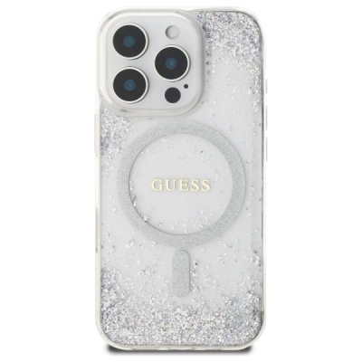 Kukull telefoni Guess Resin Gradient Glitter për iPhone 16 Pro 6.3", MagSafe, ngjyrë argjendi