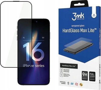 Mbrojtës ekrani 3MK HardGlass Max Lite për iPhone 16 Pro 6.3", xham i temperuar 9H, fullscreen, i zi