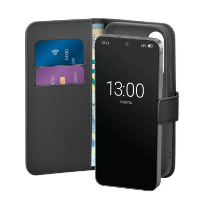 Kapak portofol Puro për Samsung Galaxy S25, me xhepa për karta, mbyllje me kapëse, i zi