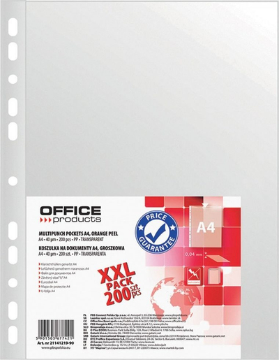 OFFICE PRODUCTS Перфорирани џебови, A4, 40 mic, 200 парчиња