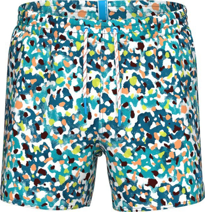 Rroba banje burrash Arena Beach Short Allover, të shkurtra, thahen shpejt, me shumë ngjyra blu jeshile e bardhë, M