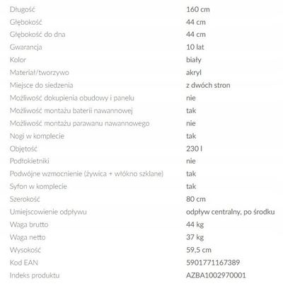 Vaskë këndore e pavarur CREA 160x80, akrilik, e bardhë