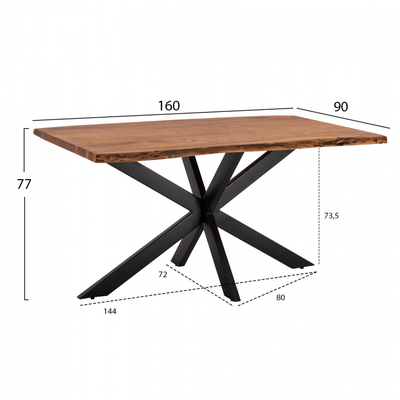 Tavolinë ngrënie Montana Superior HM8481.11, dru akacie masive 3.5cm, 160x90x77cm, këmbë metalike të zeza